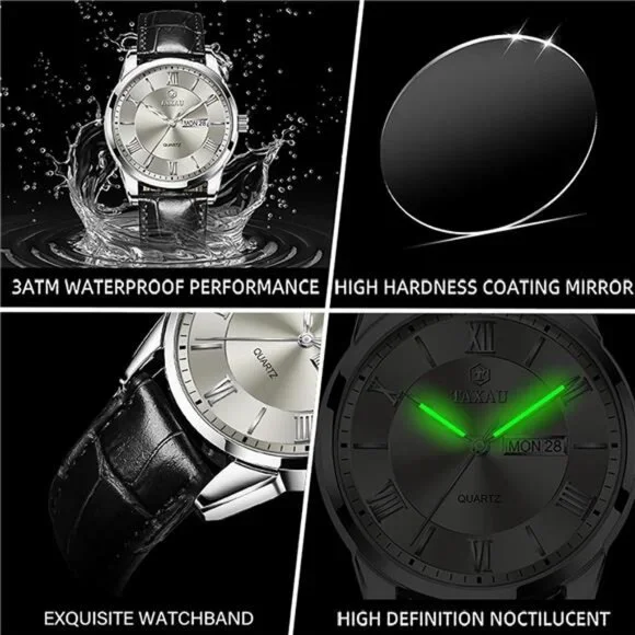 Mens Watches Luxury Dress Waterproof Leather Watch with Date Day Analog